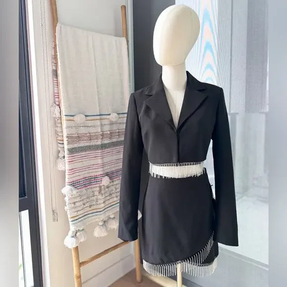 House of Harlow 1960 Black Rhinestone Fringe Blazer Mini Skirt Set Women’s Small - Picture 3 of 15